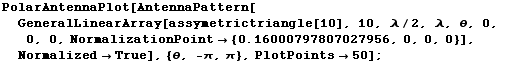 PolarAntennaPlot[AntennaPattern[GeneralLinearArray[assymetrictriangle[10], 10, λ/2, λ ... 797807027956, 0, 0, 0}], Normalized -> True], {θ, -π, π}, PlotPoints -> 50] ;