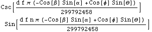 Csc[(d f π (-Cos[β] Sin[α] + Cos[φ] Sin[θ]))/299792458] Sin[(d f n π (-Cos[β] Sin[α] + Cos[φ] Sin[θ]))/299792458]